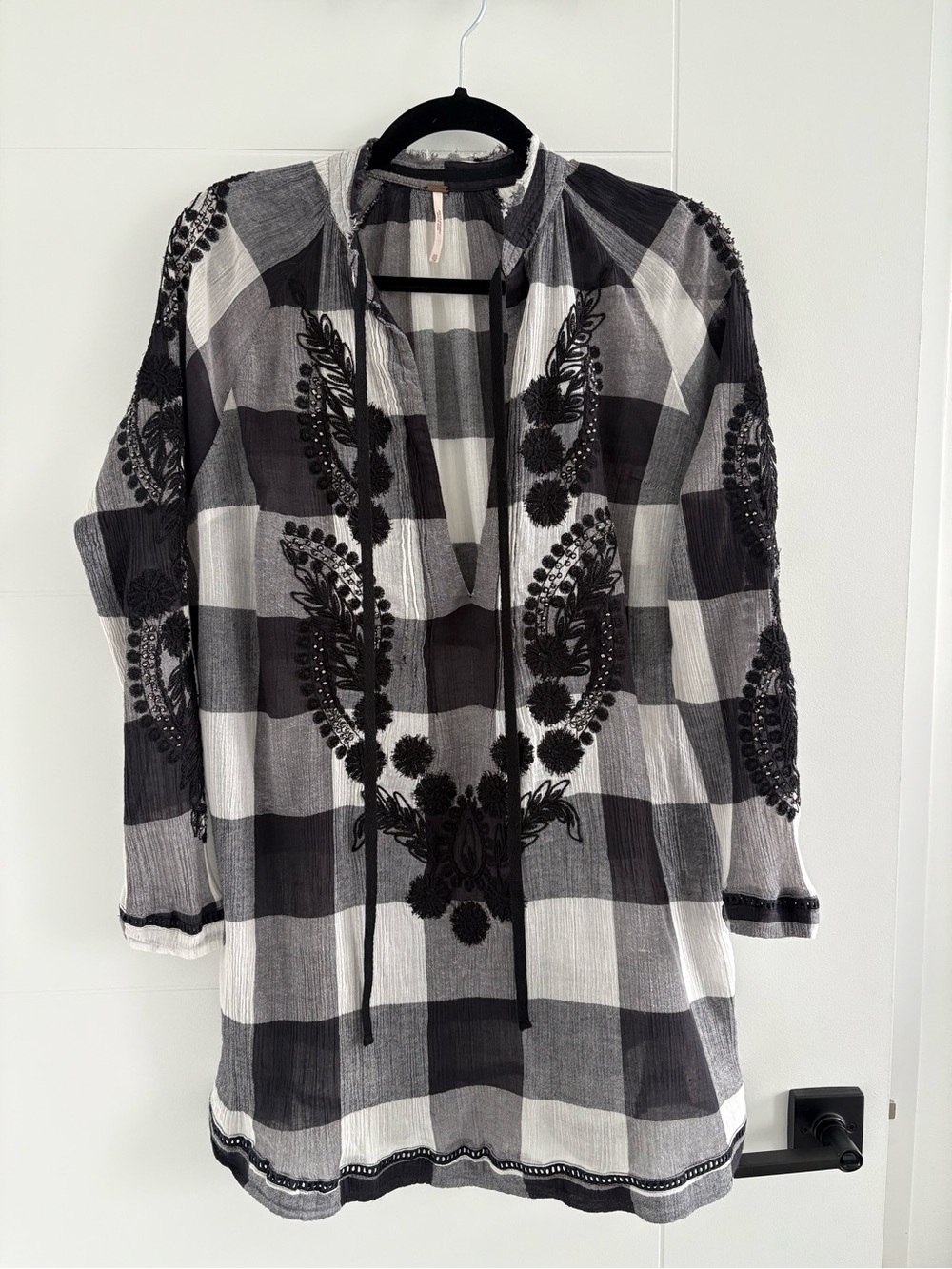 Free People Black & White Embroidered Buffalo Plaid Tunic
